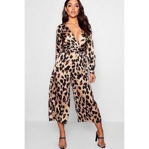 Plunge Twist Leopard Print Satin Jumpsuit